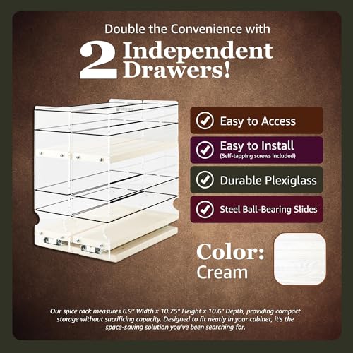 Vertical Spice - Large Pullout Sliding Spice Rack Organizer - 2 Individual 2 Tier Drawers - Premium Rolling Seasoning Holder/Caddy for Hidden Pantry Storage - Made in USA (6.9''W x 10.75" H x 10.6''D) - color: 2-3.25" Drawers, 2-Tier Cream Assembled