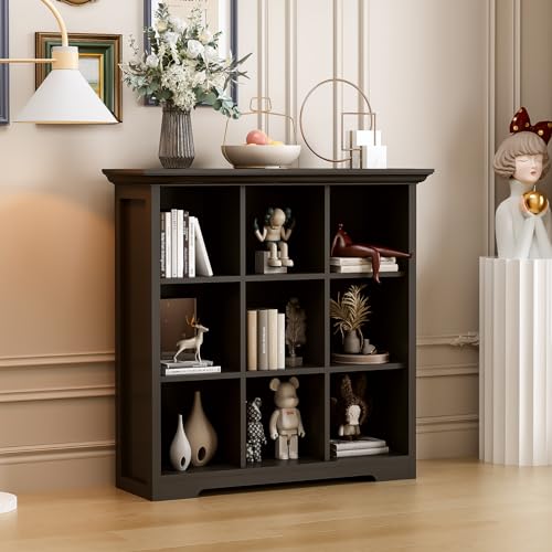 OSCHF Cube Storage Bookcase with Base - Wooden 3 Tiers Floor Standing Open Shelf Cabinet for Home and Office, 9-Cube Lattice Bookshelf, Black - color: Black, size: 9-Cube