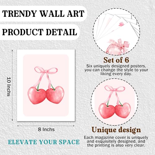 Isfvqyub Preppy Hot Pink Bow Wall Art, Aesthetic Coquette Butterfly Poster For Girl Women, Trendy Girly Cherry Disco Ball Wall Decor For Bedroom Dorm College Apartment, Set Of 6 -A10 - size: Hot Pink Butterfly