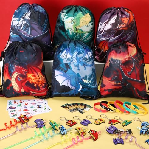 LemonRoad 73 Pcs Dragon Themed Party Favors Set Birthday Supplies Includes Drawstring Bags Backpack Keychains Bracelets Stickers Straws Tags for Birthday Party Favors Rewards Gifts - style: Dragon