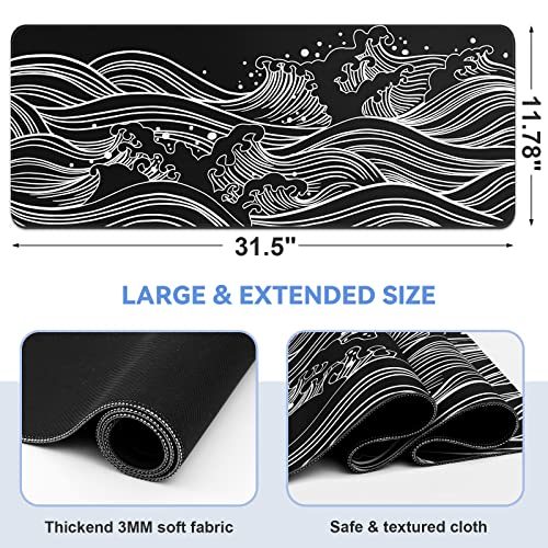 DIGSOM Gaming Mouse Pad Black and White Sea Wave Pattern, 31.5 x 11.8in | XL Mouse mat, Smooth surface, Anti-slip rubber base, For keyboard and mouse, For home and office use - color: Black Sea Wave
