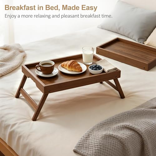 Breakfast Tray with Folding Legs Set of 2, Bamboo Bed Tray Table 15.7" Foldable TV Dinner Tray with Ergonomic Wave Handles for Bed Couch Sofa, Breakfast, Snacks, Coffee, Walnut - color: Walnut, size: Medium