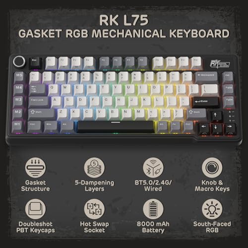 RK ROYAL KLUDGE L75 Gasket Mount Mechanical Keyboard w/Knob/Macro Keys & Touchable Nameplate, Tri-Mode 75% TKL Wireless Keyboard BT/2.4G/USB-C, Hot Swappable, Pro Software, Massive 8000mAh Battery - color: Knight Black, size: Linear Cream Switch