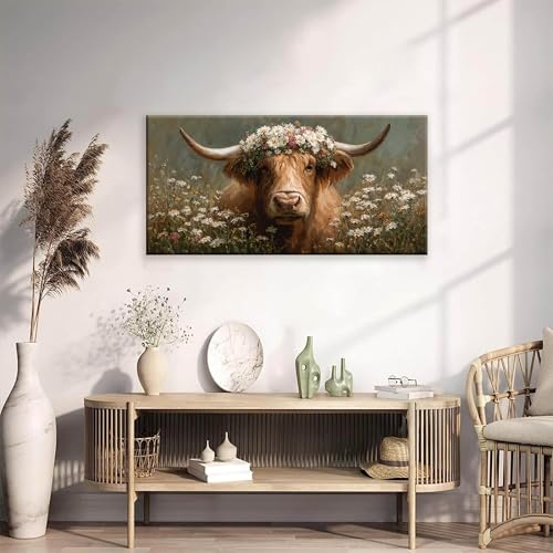 YISXINOAG Highland Cow Wall Art Flowers Canvas Art Wall Decor Floral Animal Wall Art Modern Landscape Painting Highland Cow Pictures for Bathroom Ready to Hang Canvs Wall Decorations Size 20"X40" - color: light brown, size: 40"L x 20"W