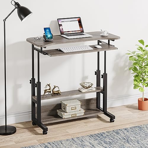 Tribesigns Portable Desk with Power Outlets, Height Adjustable Side Table Sofa Couch Bedside Laptop Computer Cart with USB Charging Ports, Mobile Small Standing Desk with Keyboard Tray - color: Grey