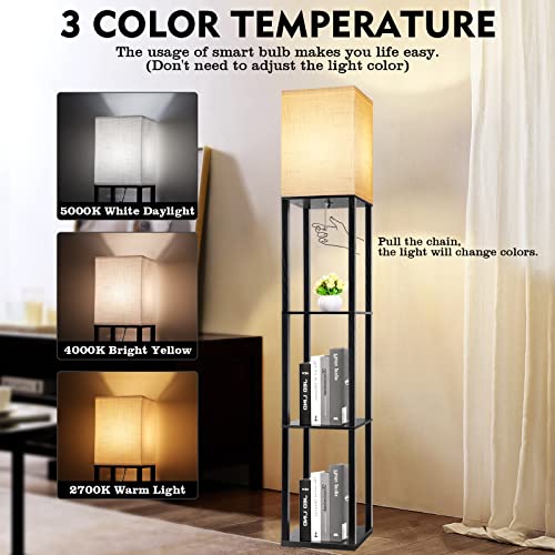 RUNTOP Floor Lamp with Shelves, Shelf Lamp with 3 Color Temperature LED Bulb,Floor-Lamp for Living Room, Modern Tall Standing Display Shelf Floor Lamps for Bedroom, Office (Black) - color: Black