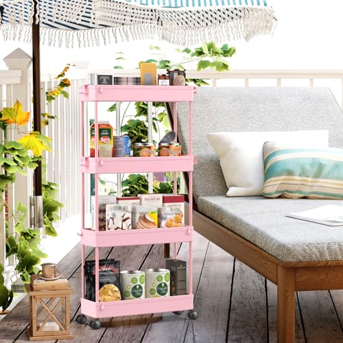 SPACEKEEPER Slim Rolling Storage Cart 4 Tier Bathroom Organizer Utility Cart Mobile Shelving Unit Tower Rack for Kitchen, Laundry Room, Bathroom, Narrow Places, Pink - color: Pink