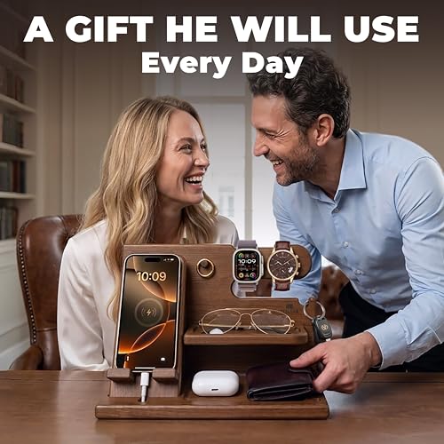 TESLYAR Wood Phone Docking Station for Men - Desk or Nightstand Organizer - Birthday Gifts for Husband or Dad - Anniversary Idea from Wife - Key Holder, Stand Wallet, Watch & Essentials (Earth Beige) - color: Earth Beige