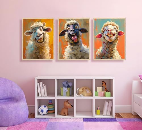 3Pcs Funny Smiling Sheep Canvas Wall Art Prints Humorous Farm Animals Painting Pictures Brightly Colored Fun Quirky Sheep Portrait Posters Wall Decor Perfect for Bedroom Bathroom Kids Room Farmhouse Decoration Unframed - color: White yellow, size: 16 in x