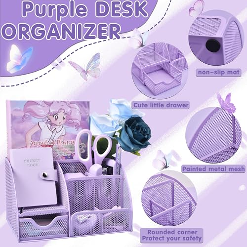 Purple Desk Accessories, 26Pcs Office Supplies and Desk Organizers, with Tape Dispenser, Stapler, Staple Remover Ect, Gift Box Packaging - color: Purple