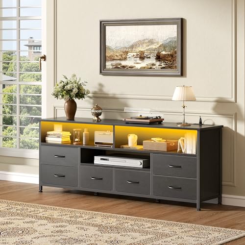 Korfile 55 Inch LED TV Stand for Bedroom, 6 Drawers Entertainment Center with Power Outlets for 50/55/60 Inch TV, Media Console Table with Shelves for Living Room & Hallway, PU Leather Surface, Black