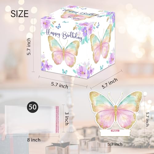 Butterfly Birthday Money Pull Box for Cash, Happy Birthday Butterfly Boxes Gifts for Money Pull Out Card, 50Pcs Transparent Bags - color: White