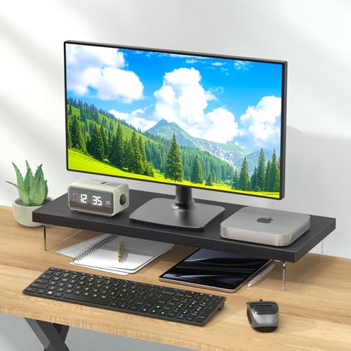 Monitor Stand Riser, Wood & Acrylic Computer Monitor Stand Desk Desktop Organizer Table For Home, Office Workspace, Laptop Riser, Printer, PC & TV Screen Riser - color: Black Oak, size: 25*10 Inch