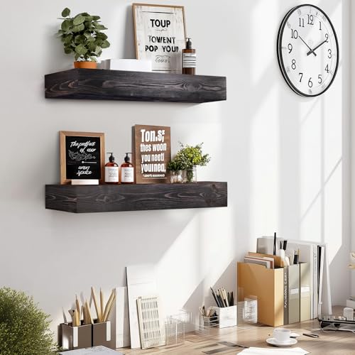 24x3x7 inch Floating Shelves Wall Mounted - Set of 2 Black Rustic Solid Wood Wall Shelf - Heavy Duty Decorative Fireplace Mantel for Living Room, Bedroom, Bathroom, Kitchen - color: Black, size: 24x3x7-hollow-2pack