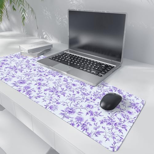 Purple Chinoiserie Mouse Pad,Vintage Purple and White Floral Desk Mat,XL Large Vintage Flowers Preppy Mouse Pad,Girly Laptop Desk Mat for Dorm Home Office,31.5x11.8 Inch - color: XL Purple Floral