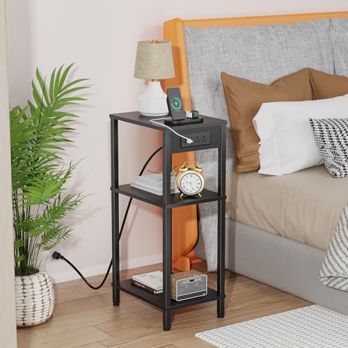 Creso hom Tall End Table with Charging Station, 3 Tier Black Side Table with Storage, Small Nightstand with Outlets for Bedroom, Living Room, Office - color: Black, size: 11"D x 15"W x 30"H