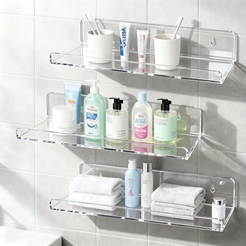 4-Pack Clear Acrylic Floating Shelves, Space-Saving Invisible Wall Shelves for Bathroom Kitchen Office Living Room, Modern Decor Set
