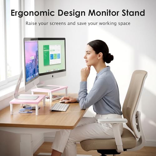 ECOLOVI 4-Height Adjustable Wood Computer Monitor Stand Riser, Desktop PC Printer Laptop Stand for Desk Organizer and Accessories, Office Desk Decor & Accessories for Women, Pink - color: Pink, size: Adjustable Height
