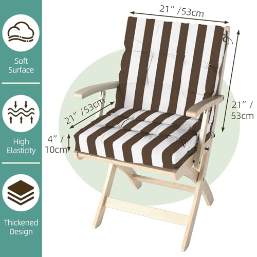 Outdoor Chair Cushions Set of 2, 42x21x4 Inch Patio Cushion for Dining/Rocking Chairs, High Back Soft Seat Pad, Indoor Outside Use, Fade-Resistant & Waterproof, Brown White Stripes - color: Brown White Stripes