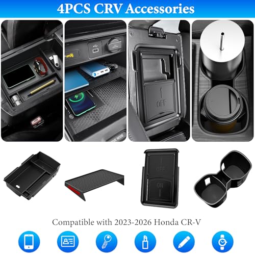YPHUIKI 4PCS Center Console Organizer Compatible with Honda CRV 2023 2024 2025 2026 Accessories CR-V Hybrid Armrest Organizer Tray Hidden Storage Box Cup Holder - size: 2023-2026 CR-V (4pcs)