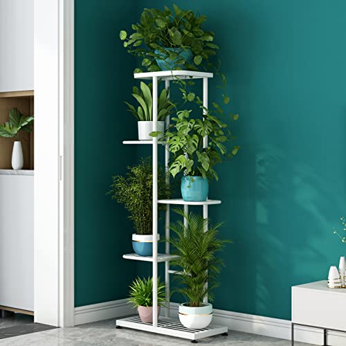 LINZINAR Plant Stand Metal 5 Tier 6 Potted Multiple Flower Pot Holder Shelf Indoor Outdoor Planter Display Shelving Unit for Patio Garden Corner Balcony Living Room (5 Tier 6 Potted, White) - color: White, size: 5 Tier-6 Potted