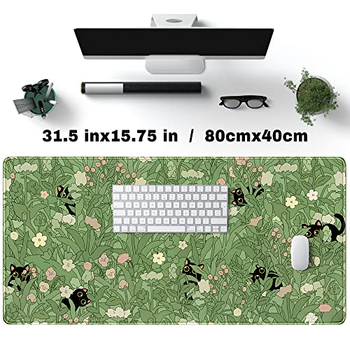 Green Desk Mat XL Cat Cute Plant Cool Desk Pad Keyboard Mat Kawaii Black Cat Flower Mouse Pad Green Desk Mat Desk Decor with Stitched Edges Non-Slip Large Computer Mat 31.5x15.7in - color: B-cat in the Meadow