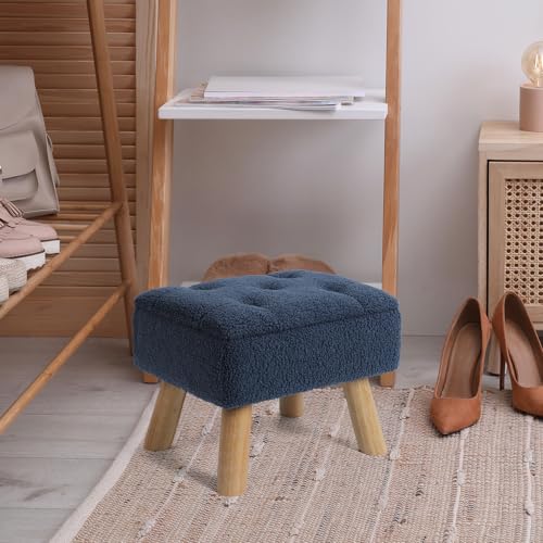 OGEMXU Storage Ottoman, Small Foot Stool Ottoman with Storage, Boucle Teddy Velvet Foot Rest with Padded Seat, Sturdy Wood Legs Stool for Living Room, Bedroom, Couch, Enterway (Dark Blue) - color: Dark Blue