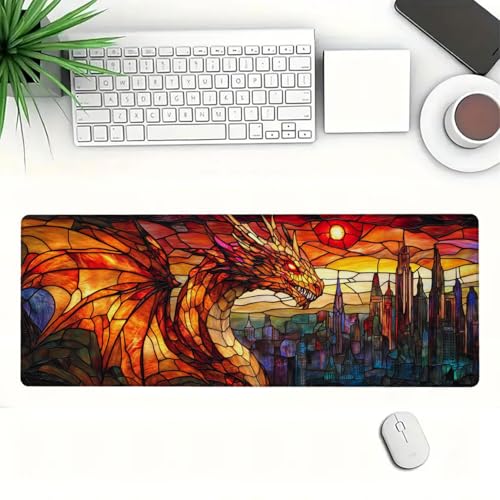 Dragon Desk Mat Gaming Desk Pad Large Mouse Keyboard Pad Stained Glass Style Dragon Fantasy City Desktop Mats Computer Keyboard Pad Mouse Mat Laptop Mat Office Home Decor 31.5" x 11.8" - color: Dragon, size: 31.5L x 11.8W inches