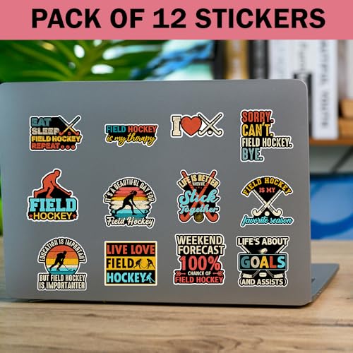 SODAVA (12Pcs, 3in) Field Hockey Sticker Pack for Players & Coaches, Waterproof Sports Stickers for Laptops Water Bottles Gear, Funny Field Hockey Decals for Teens Girls Boys, Athlete Gift - color: Field Hockey