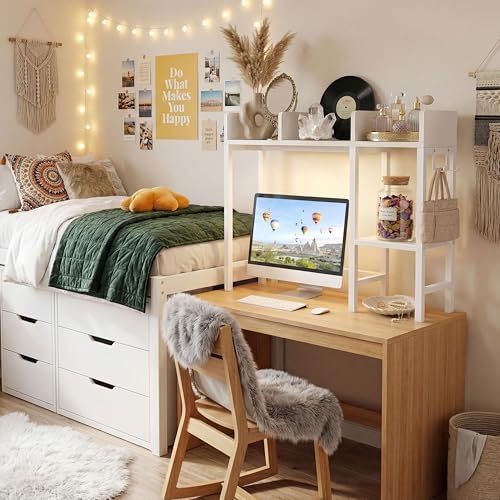 BOLUO Desk Hutch Dorm Room, Desktop Bookshelf for Computer Desk 37" Hutch Organizer Tabletop Storage Rack for College Essentials Home Office White