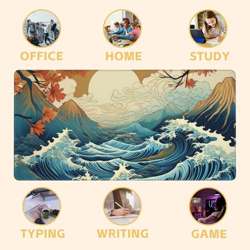 Japanese Waves Desk Mat Large Mouse Pad Gaming Mousepad 31.5 x 15.8 in | Desk Pad for Keyboard and Mouse, Large Non-Slip Rubber Base Mousepad Desk Mat with Stitched Edges for Gaming Office - color: Japanese Waves