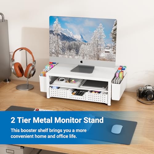 Wood Metal Monitor Stand Riser, Laptop Stand for Desk, Office Desk Organizer and Accessories, Computer Desktop Shelf with Drawer and Pen Holder, Printer Stand for Home, Office, Dorm (White Wood) - color: White-Regular