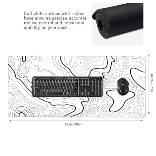 XXL White Topographic Contour Big Mouse Pad Large,Gaming Mouse Pad Desk Pad,35.4x15.7x0.12 Inch Long Computer Keyboard Mouse Mat Mousepad Non-Slip Base and Stitched Edge for Gaming and Office - color: White Topographic Contour, size: 35.4Lx15.7W inches
