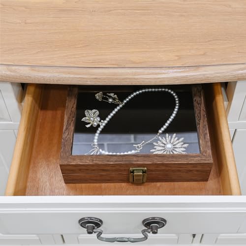 MOOCA Tempered-Glass Top Small Wooden Jewelry Display Case with Removable Black Luxurious Velvet Jewelry Display Pad, Deeper 2.2" Design for Collectibles, Brown Color. - color: Brown With Velvet Pad