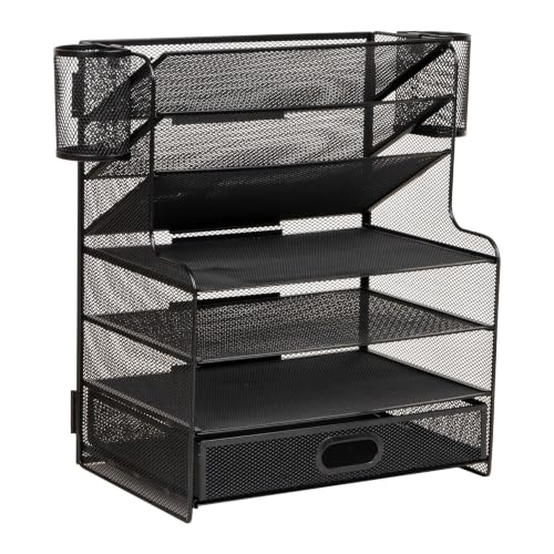Mind Reader Mesh Desk Organizer, 6 Compartments, 1 Drawer, 2 Pen Cups, Office Desktop Organizer, Metal Mesh, Black