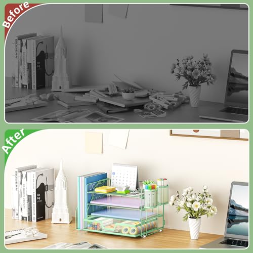 Marbrasse Desk Organizer and Accessories,4-Tier Paper Letter Tray Organizer with File Holder, Desk Accessories & Workspace Organizers with Drawer and 2 Pen Holder (Green, 15.4" x 9.1" x 8.3") - color: Green