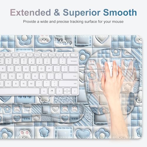 4 in 1 Large Mouse Pad, Keyboard Wrist Rest Set, Ergonomic Mouse Pad with Wrist Support, Desk Mat with Stitched Edges Extended Desk Pad Waterproof Desk Mat for Home Office Game I Cute Rabbit Baby Blue - color: Cute Rabbit Baby Blue