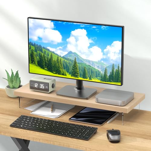 Monitor Stand Riser, Wood & Acrylic Computer Monitor Stand Desk Desktop Organizer Table For Home, Office Workspace, Laptop Riser, Printer, PC & TV Screen Riser - color: Oak, size: 25*10 Inch