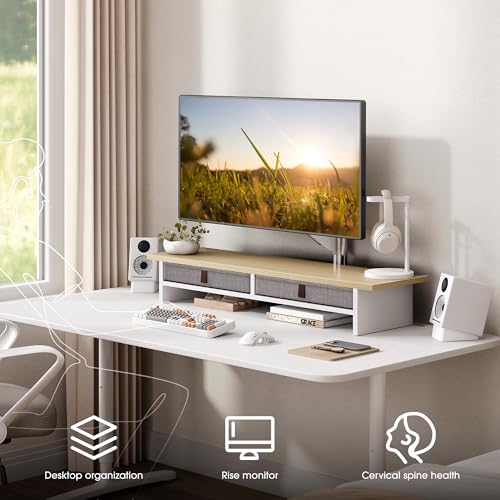 Fenge Monitor Stand with Drawer, 2 Tiers Dual Monitor Riser for Desk, 35 Inch Computer Stand for 2 Monitors, Desk Shelf for Home, Office, Laptop, PC, TV, Printer - color: Oak