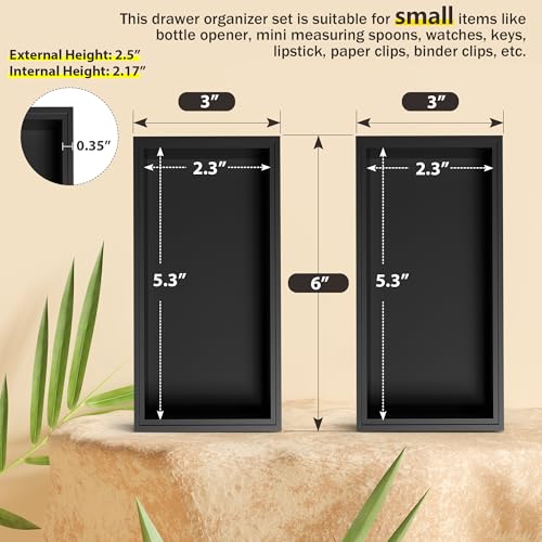 Kitchen Drawer Organizer Bins, Black Bamboo Drawer Organizer Stackable for Silverware, Utensils, Cutlery, Flatware, for Junk Drawer, Dresser, Bathroom, 6" x 3" x 2.5" (Set of 2) - color: Black, size: 6 x 3 x 2.5 Inch