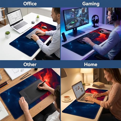 Jeffbaubl Large Desk Mat, 31.5 x 11.8 inch Blue Red Pattern Mouse Pad, Non-Slip Rubber Base and Stitched Edges Mousepad, Waterproof Desk Pad, 3mm Thick Extended Keyboard Pads for Gaming Office Home