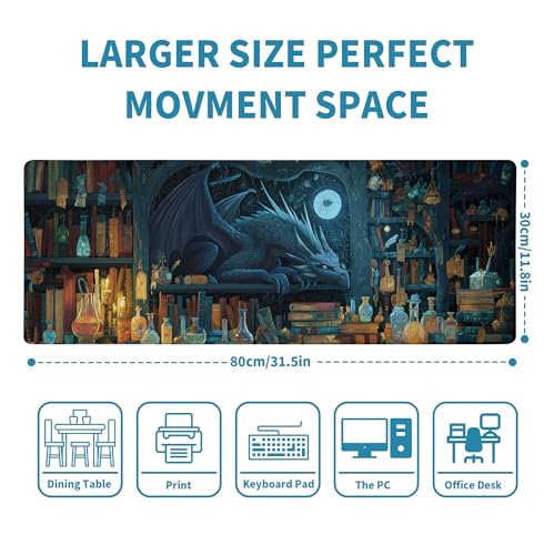 Black Mouse Pad Abstract Mysterious Library Mouse Pad 31.5x11.8 Inch Aesthetic Bookshelf Non-Slip Rubber Base Large Mousepad Stitched Edges Keyboard Mouse Mat Desk Pad for Office and Home - color: Fantasy Bookshelf