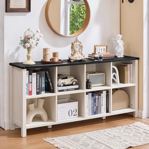 Joaxswe 8 Cube Book Shelf, Farmhouse Wood Long Storage Organizer Bookcase, 62" Horizontal Antique White & Black Console Bookshelf, Kids Toy Storage Cabinet, Modern Open Book Case for Playroom, Office - color: Warm White & Black, size: 8 Cube (13.6"D x 62"