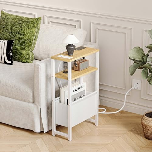 Narrow Side Table with Charging Station Slim End Table Sofa with Magazine Rack, Bedside Table for Small Spaces, 3 Tier Nightstand for Living Room Couch, Bedroom Natural LET503YE - color: Natural, style: With Charging Station