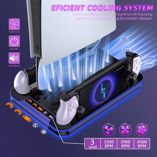 PS5 Pro/PS5 Slim/Stand and Cooling Station with LED Controller Charging Station for PlayStation 5 Slim Disc/Pro Digital Edition Console with 3 Level Cooling Fan, BlackLighting - color: Black