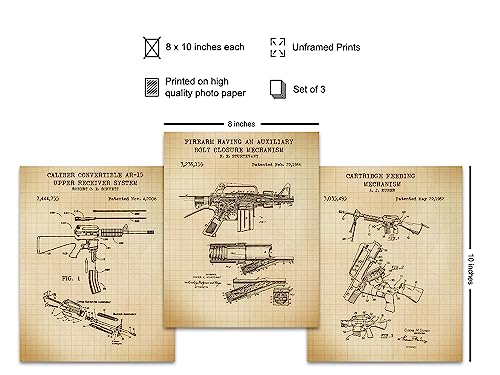 AR-15, M-16 Gun Patent Art Prints - Vintage Weapon Wall Art Poster Set - Home Decor for Man Cave, Office, Living Room, Game, Family Room - Gift for 2nd Amendment, NRA, Military, Firearms, Rifle Fans