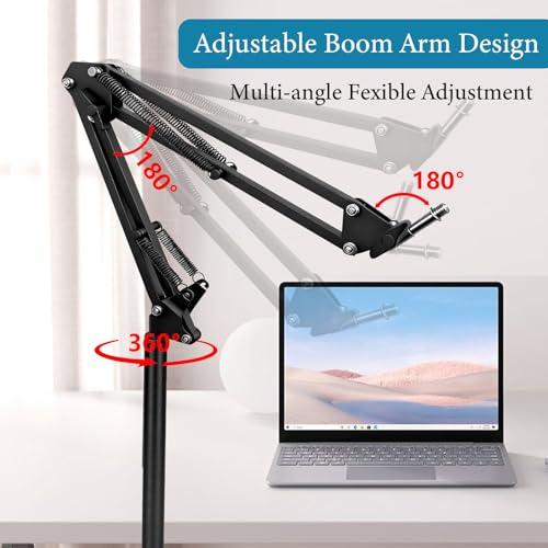 Mic Stand Floor Boom Arm for Blue Yeti, Nano, Snowball, HyperX QuadCast, SM7B MV7, Fifine K688 and More Mic, Boom Mic Stand Clip Holder with 3/8" to 5/8" 1/4" Screw,Pop Filter Mic Clip Cable Ties,Tray