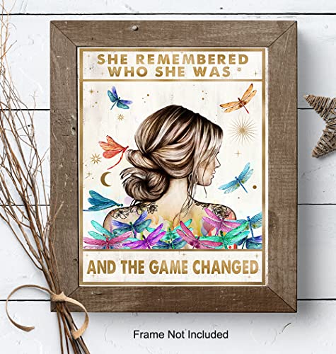 Inspirational Positive Quotes Wall Art Decor - She Remembered Who She Was And The Game Changed - Hippie Boho Motivational Poster - Encouragement Gifts for Women - Rustic Girls Bedroom Home Office
