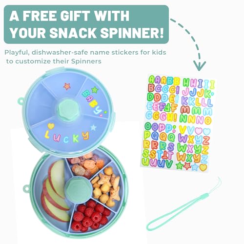 KingKam Kids Snack Spinner Containers, Reusable Toddler Spin Snack Container Box with 4 Compartments & Lid, BPA Free Food Grade Silicone Tray Dishwasher Safe, Travel Snacking Accessories (Blue/Green)