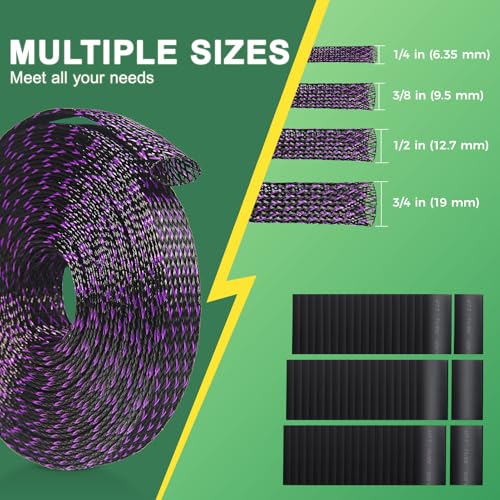132 ft Expandable Braided Cable Sleeve Wire Loom PET Wiring Sleeving, Mesh Automotive Split Sheathing Wrap Management Heat Shrink for Audio and Other Home Device (1/2 in, 1/4 in, 3/8 in,3/4 in,Purple) - color: Purple